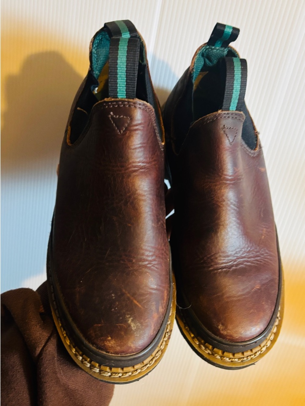 Women’s Brown Leather Slip-On Work boot with Green Stripe Pull Tabs size 7